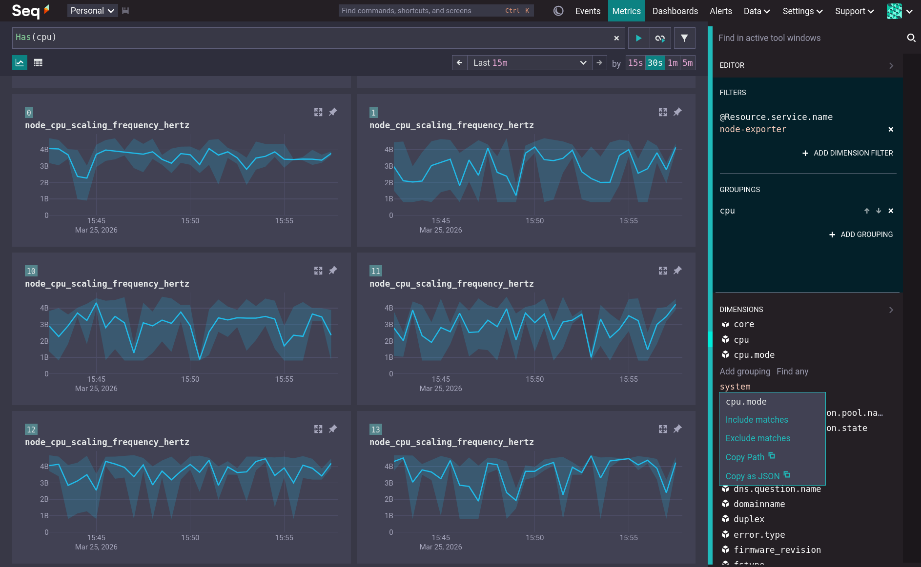 Metrics screen showing some gauges and the context menu for a dimension
