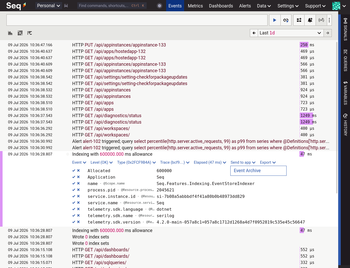 Seq Events page showing the send to app menu open for an event