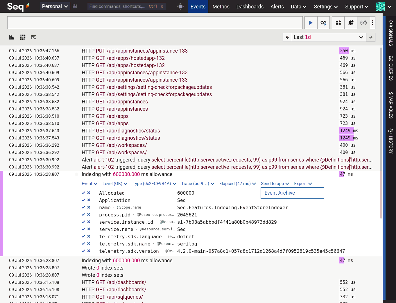 send-to-app Seq Events page showing the send to app menu open for an event