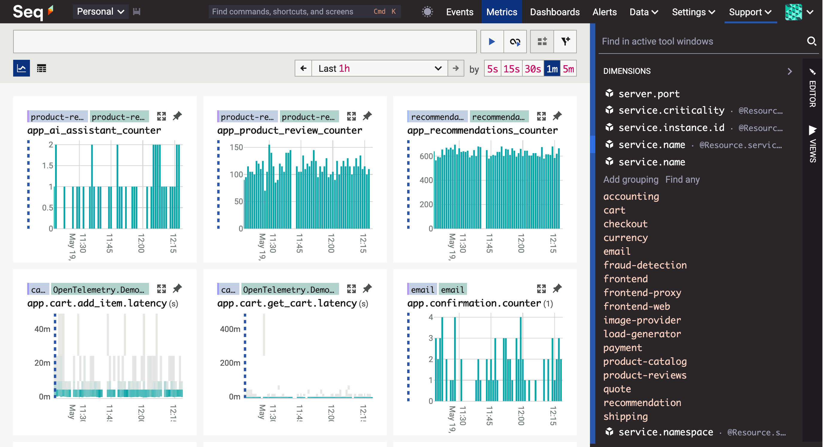 The @Resource.service.name dimension expanded to show its values.