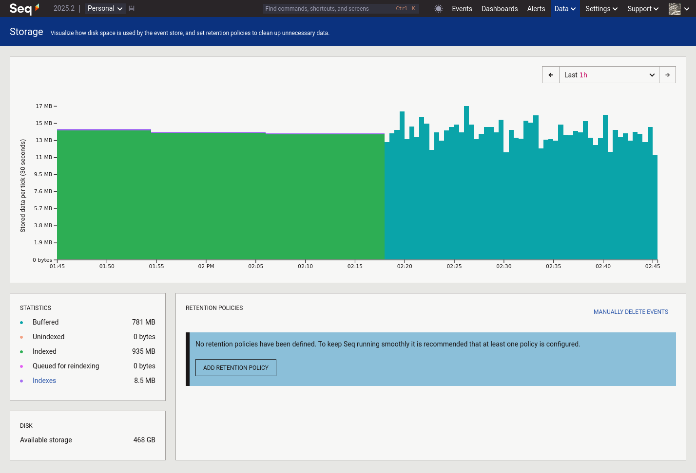 Storage chart in Seq 2025.2, showing a total of 1716 MB in buffered and indexed events.