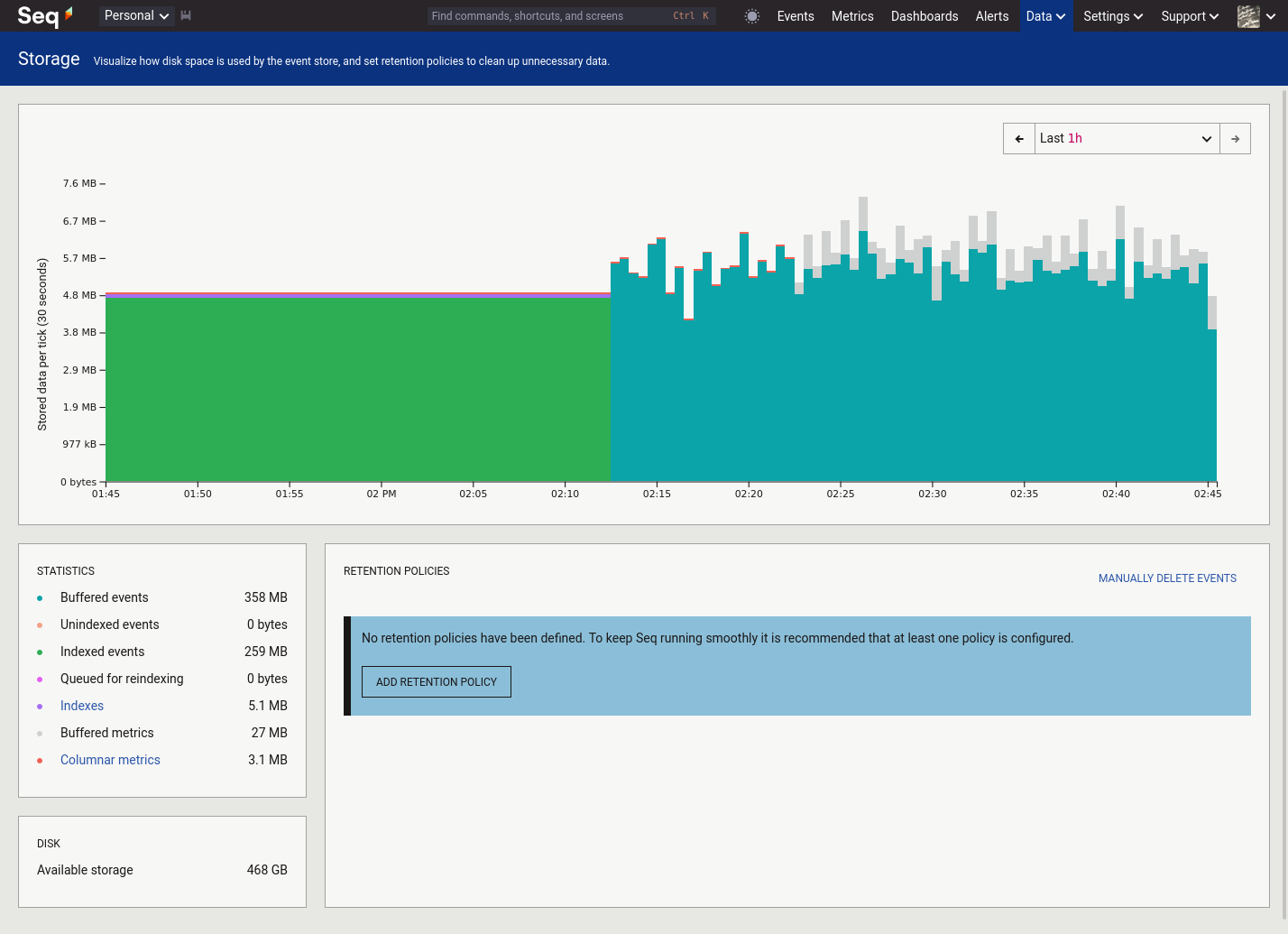 Storage chart in Seq 2026.1, showing a total of 617 MB in buffered and indexed events.