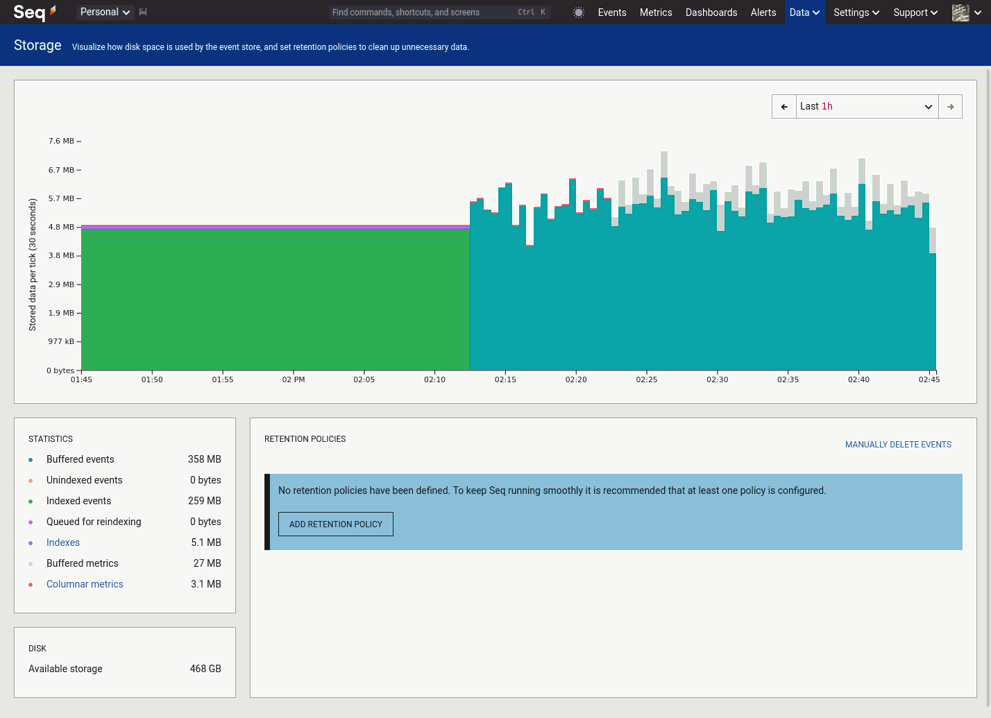 Storage chart in Seq 2026.1, showing a total of 617 MB in buffered and indexed events.